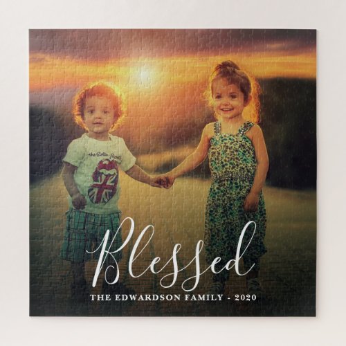 Create your own family photo Blessed name script Jigsaw Puzzle