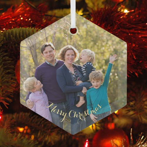 Create Your Own Family Photo Christmas Hexagon Glass Ornament