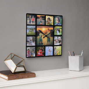 Create your own family photo collage black square square wall clock