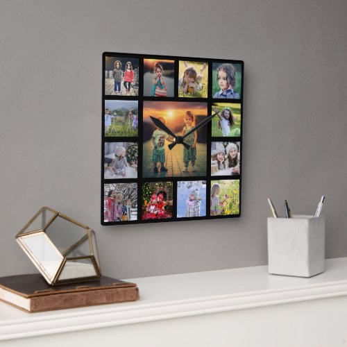 Create your own family photo collage black square  square wall clock