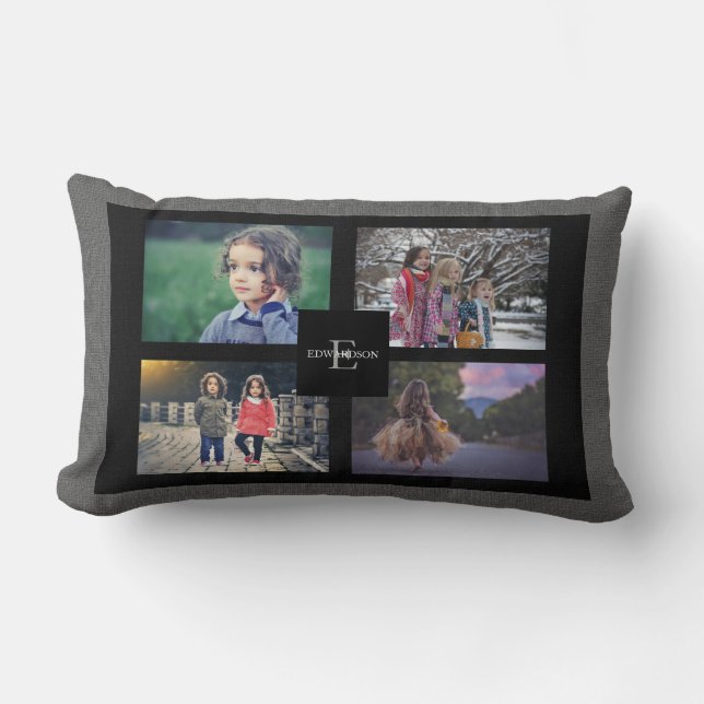 Create your own family photo collage gray burlap lumbar pillow (Front)