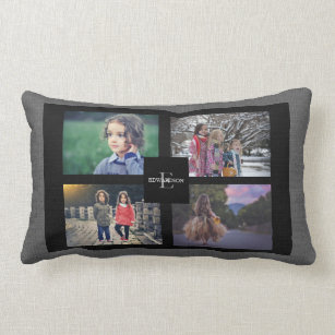 Create your own family photo collage gray burlap lumbar pillow