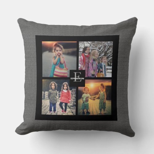 Create your own Family photo collage gray burlap Throw Pillow