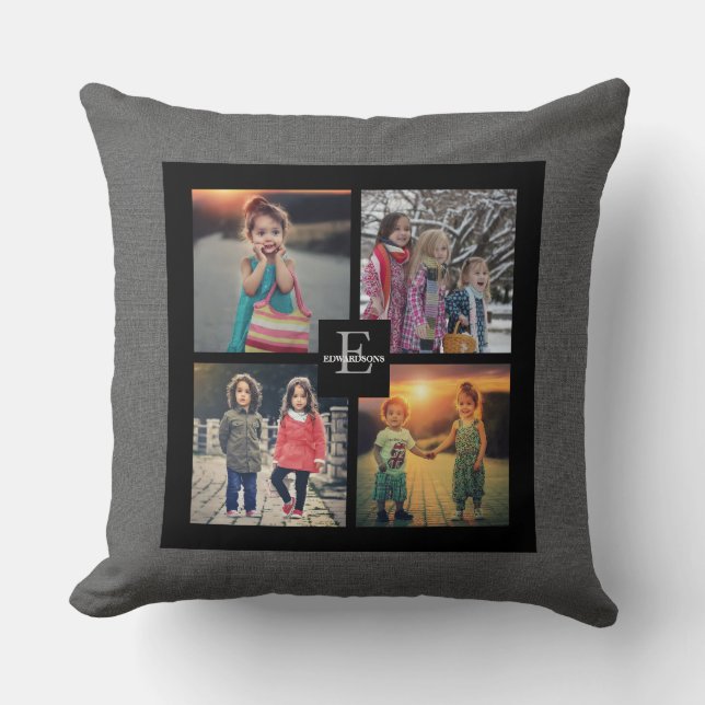 Create your own Family photo collage gray burlap Throw Pillow (Front)