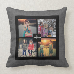 Create your own Family photo collage gray burlap Throw Pillow