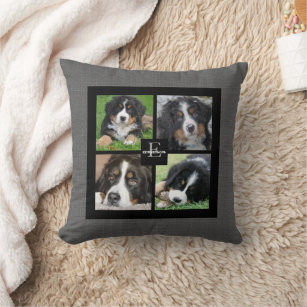 Create your own family photo collage gray burlap throw pillow