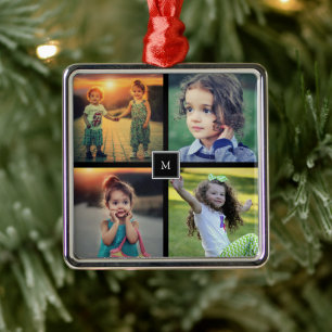Create your own family photo collage monogrammed metal ornament