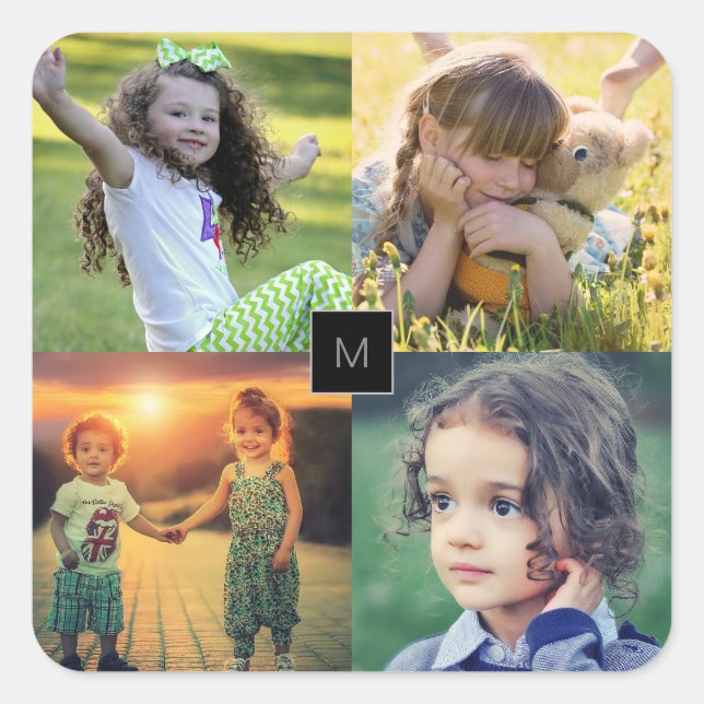 Create your own family photo collage monogrammed square sticker (Front)