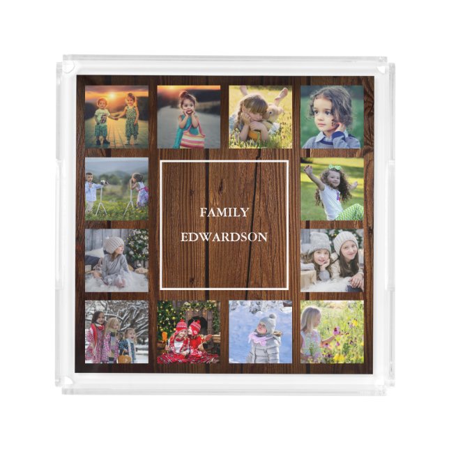 Create your own family photo collage rustic wood acrylic tray (Front)