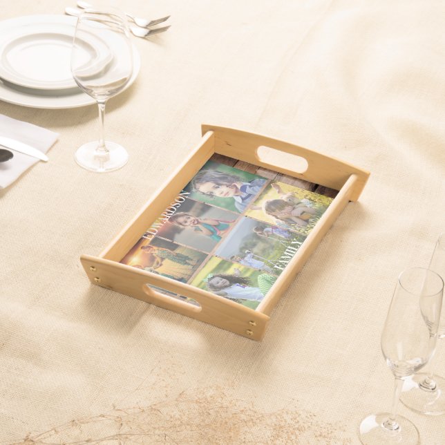 Create your own family photo collage rustic wood s serving tray (Front)