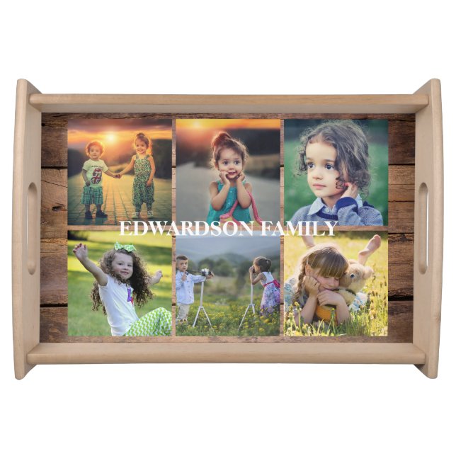 Create your own family photo collage rustic wood serving tray (Front)