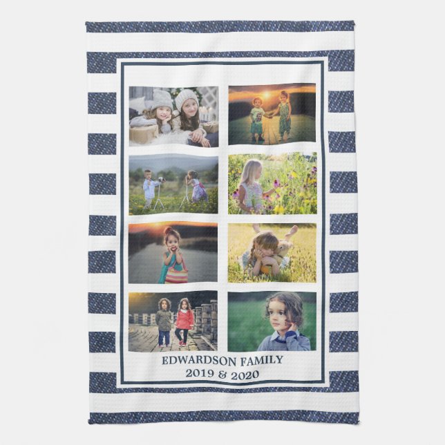 Create your own family photo collage striped kitchen towel (Vertical)