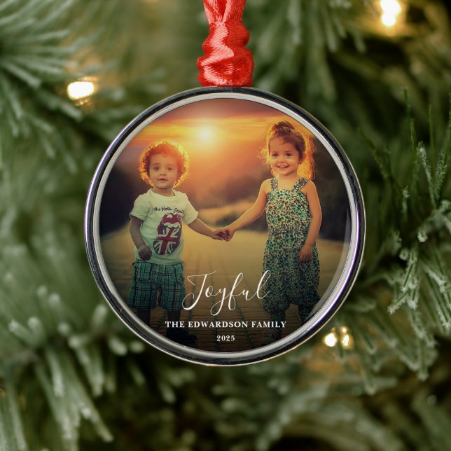 Create your own family photo joyful script metal ornament (Tree)
