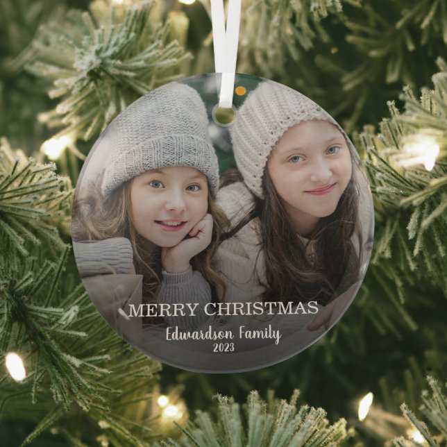 Create your own family photo Merry Christmas Glass Ornament (Insitu)