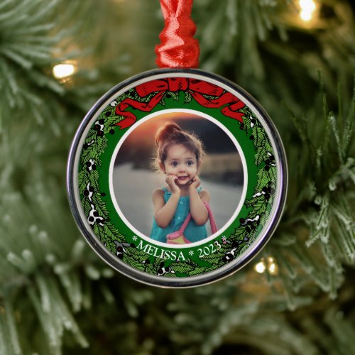 Create your own family photo monogram year metal ornament
