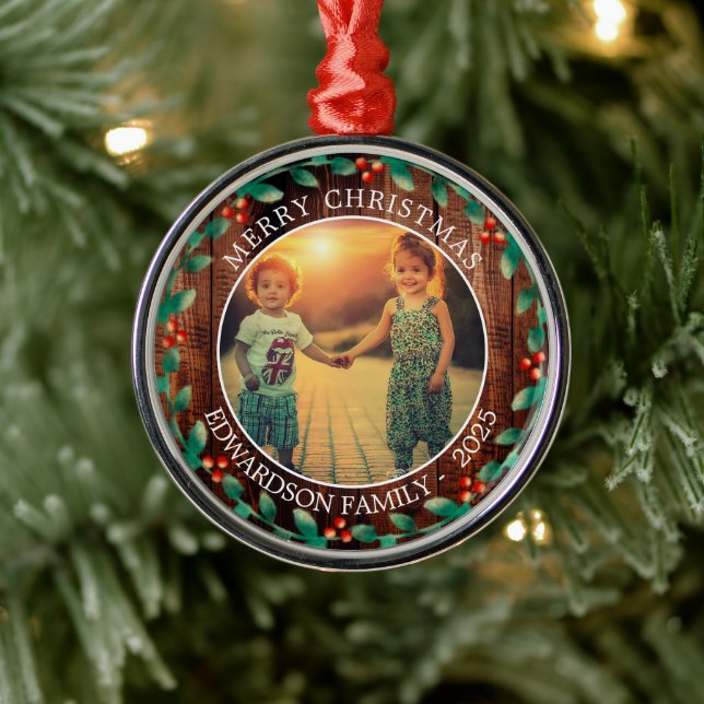 Create your own family photo personal Christmas Metal Ornament (Tree)