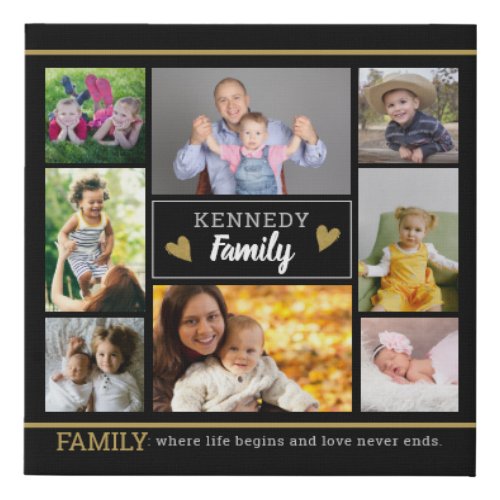 Create Your Own Family Quote 8 Photo Collage Black Faux Canvas Print