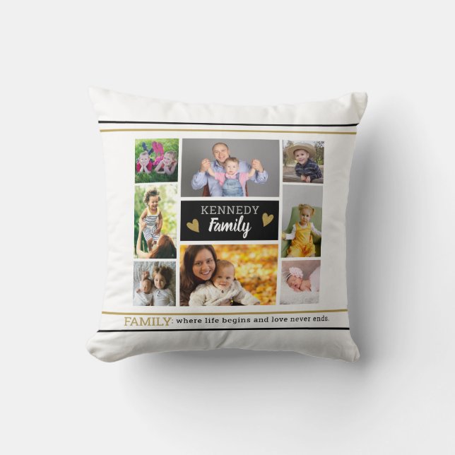 Create Your Own Family Quote 8 Photo Collage Throw Pillow (Front)
