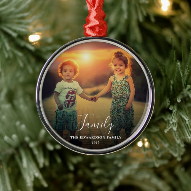 Create your own family script photo monogrammed metal ornament (Tree)