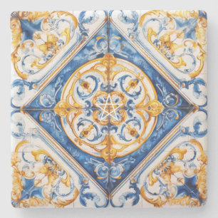 Create Your Own Faux Blue Gold Talavera Stone Coaster