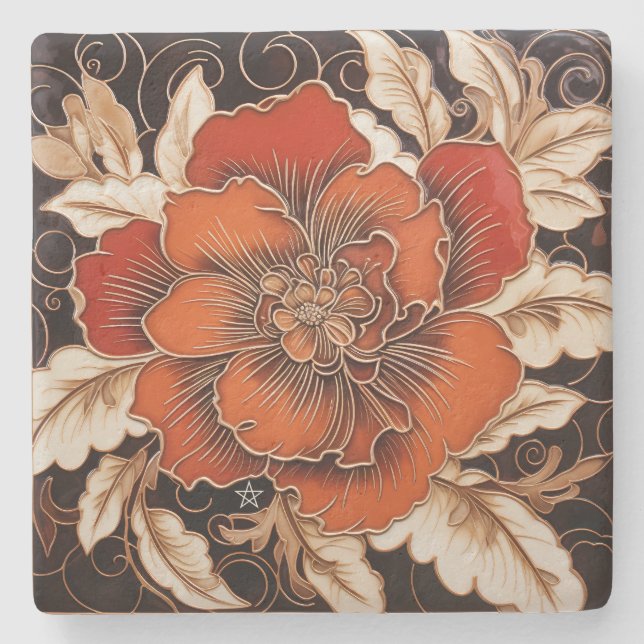 Create Your Own Faux Glazed Clay Orange Peony Stone Coaster (Front)