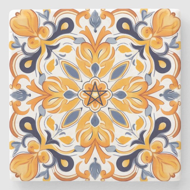 Create Your Own Faux Painted Fiery Blue Floral Stone Coaster (Front)