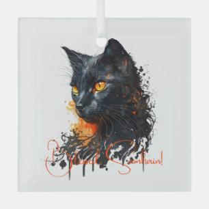 Create Your Own Fiery Black Cat Bust Glass Ornament