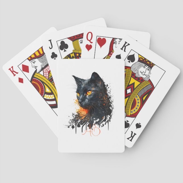 Create Your Own Fiery Black Cat Bust Poker Cards (Back)