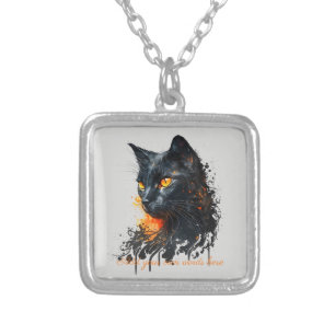 Create Your Own Fiery Black Cat Bust Silver Plated Necklace