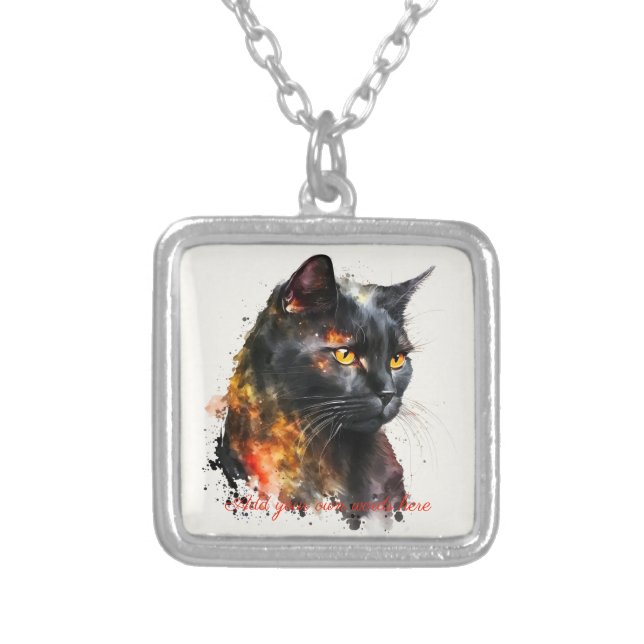 Create Your Own Fiery Black Cat Silver Plated Necklace (Front)