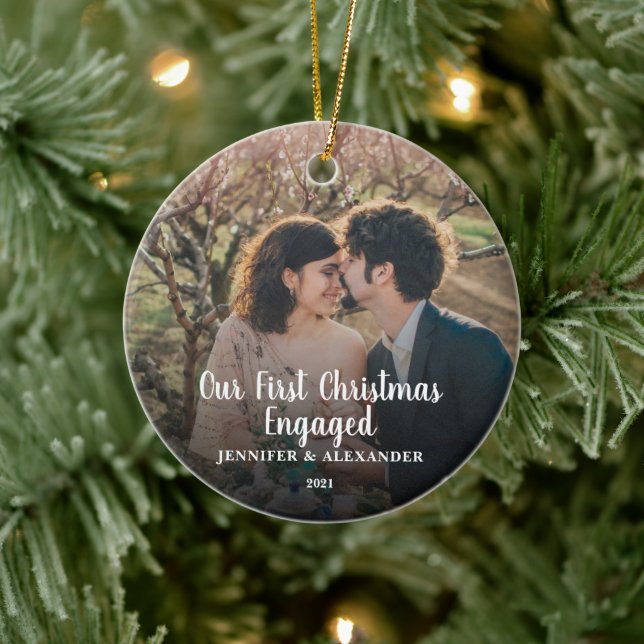 Create your own First Christmas Engaged photo Cera Ceramic Ornament (Tree)