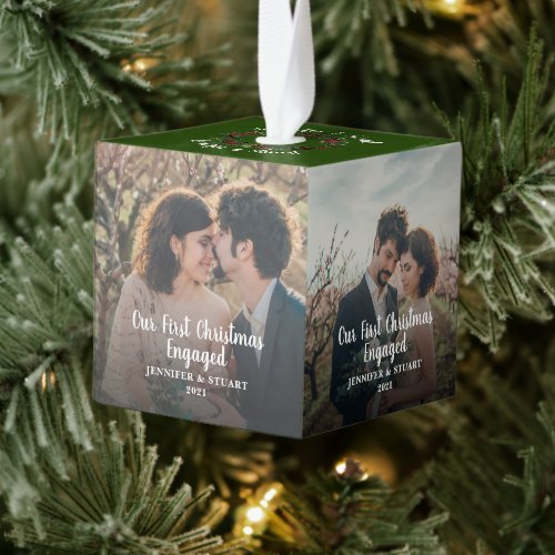 Create your own first christmas engaged photo cube ornament