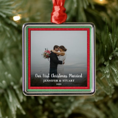 Create your own first christmas married photo metal ornament