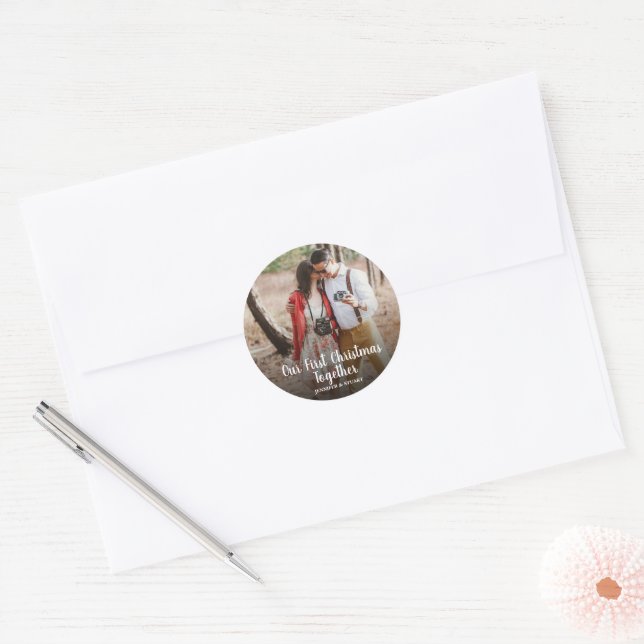 Create your own First Christmas together photo Classic Round Sticker (Envelope)