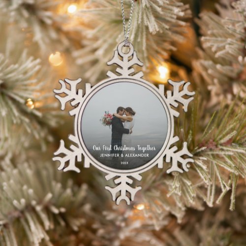Create your own First Christmas Together photo Snowflake Pewter Christmas Ornament