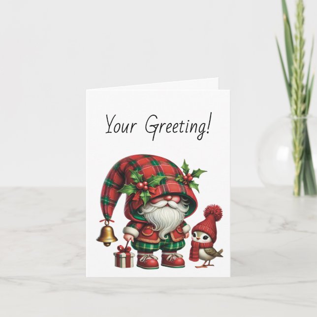 Create Your Own Floral Christmas Plaid Gnome Bird Holiday Card (Front)