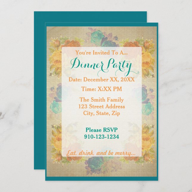 Create Your Own Floral Dinner Party Invitation (Front/Back)