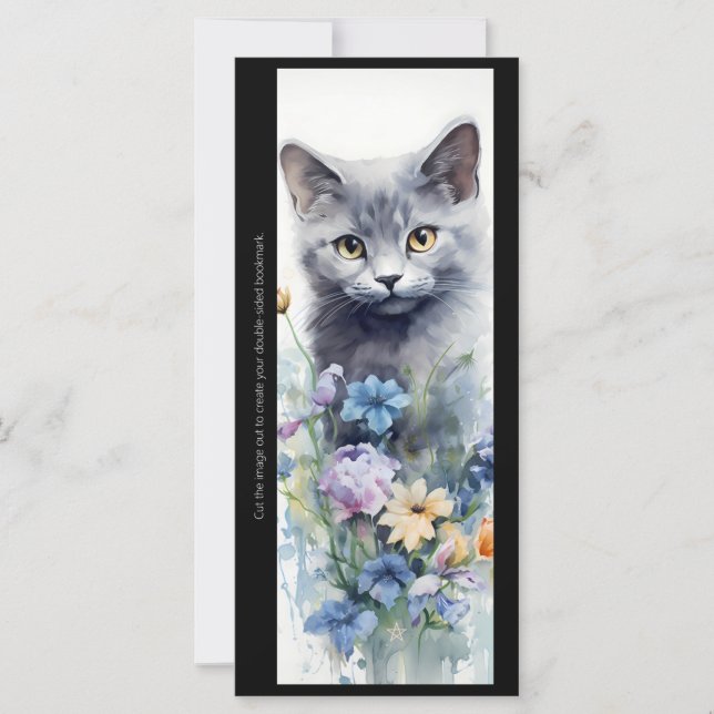 Create Your Own Floral Gray Kitten Bookmark Card (Front)