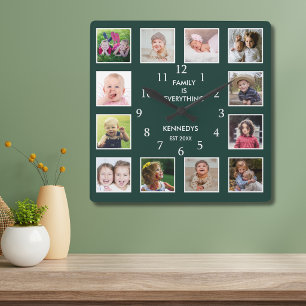 Create Your Own Forest Green 12 Photo Family Quote Square Wall Clock