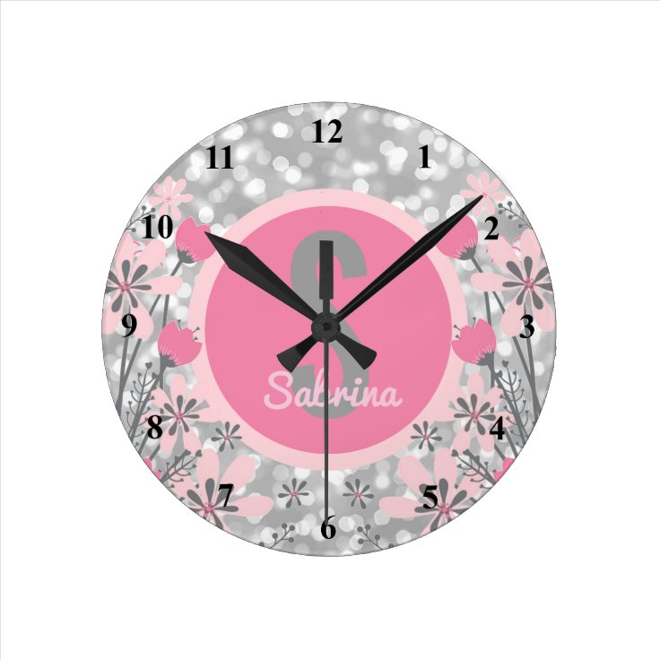 Create Your Own Girls Name | Floral Pink Silver Round Clock | Zazzle
