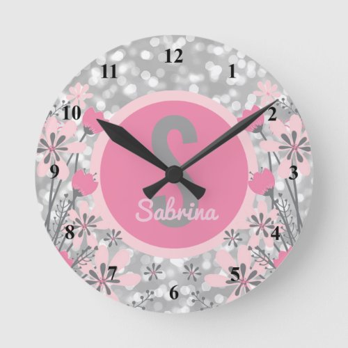 Create Your Own Girls Name  Floral Pink Silver Round Clock