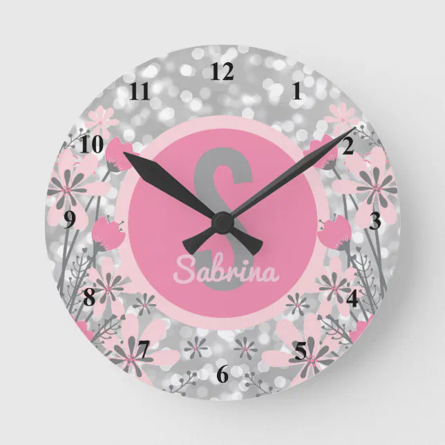 Create Your Own Girls Name | Floral Pink Silver Round Clock | Zazzle