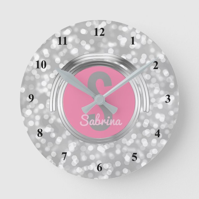 Create Your Own Girls Name | Pink Silver Glitter Round Clock (Front)