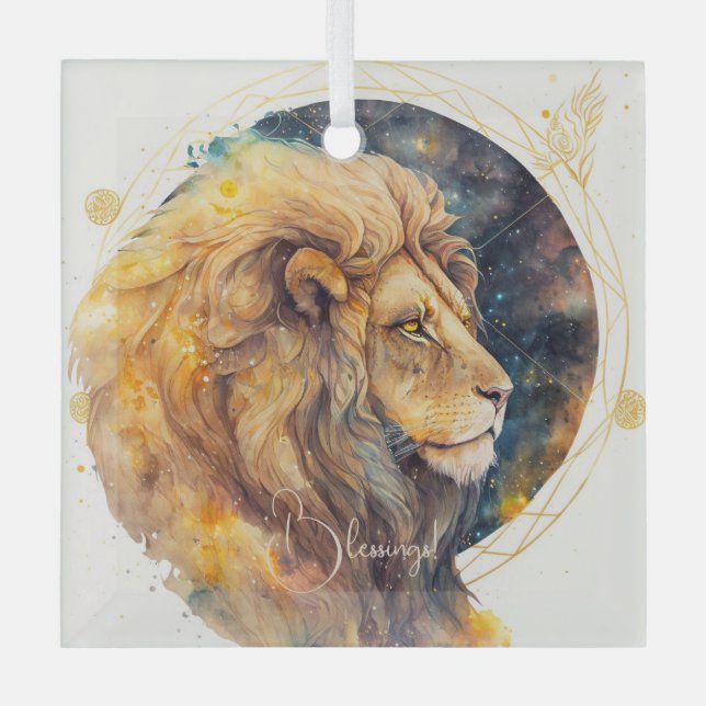 Create Your Own Gold & Blue Leo Zodiac Glass Ornament (Front)