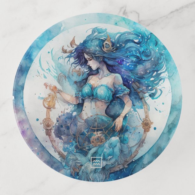 Create Your Own Gold & Blue Mystical Aquarius Trinket Tray (Front)