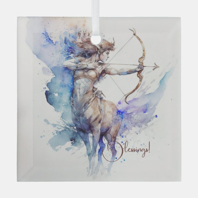 Create Your Own Gold & Blue Sagittarius Zodiac Glass Ornament (Front)