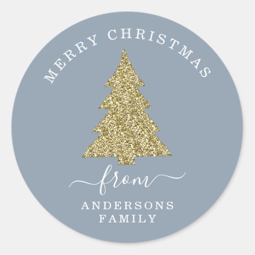 Create Your Own Gold Glitter Christmas Dusty Blue Classic Round Sticker