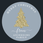 Create Your Own Gold Glitter Christmas Dusty Blue Classic Round Sticker<br><div class="desc">Create Your Own Gold Glitter Christmas Tree Dusty Blue Holiday Round Sticker.</div>