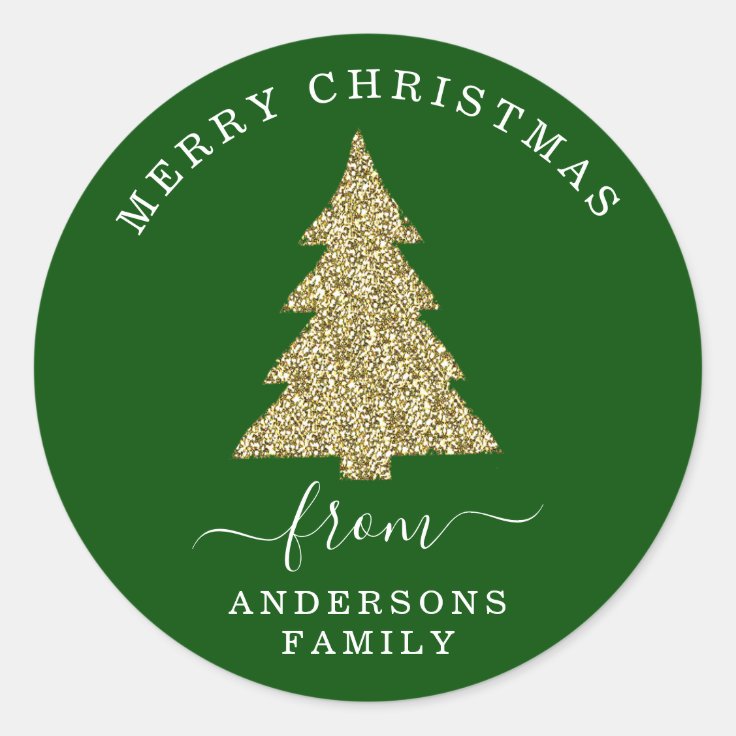 Create Your Own Gold Glitter Christmas Tree Green Classic Round Sticker Zazzle
