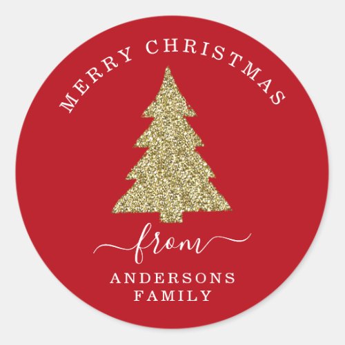 Create Your Own Gold Glitter Christmas Tree Red Classic Round Sticker